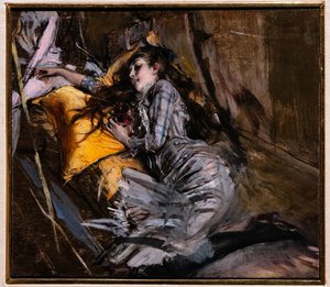 Ragazza sdraiata in abito scozzese da Giovanni Boldini