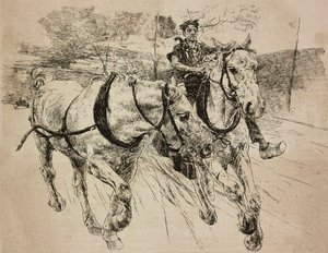Carrozze di rinforzo per cavalli, incisione dal disegno originale di Giovanni Boldini, dal suo dipinto, da L