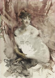 Donna con ventaglio seduta in un palco teatrale Contessa di Rasti, ca 1878 da Giovanni Boldini