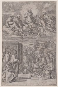 Ecclesiastici in un paesaggio che scrivono, altri nel regno celeste sopra da Giovanni Cesare Testa