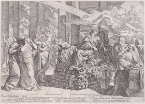 Il suicidio di Didone che giace su una pira al centro, circondata da molte figure, 1650-55 da Giovanni Cesare Testa