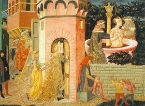 Storie di Susanna, circa 1450, lato destro di cassone dipinto, (dettaglio)