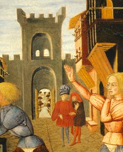 Gioco chiamato civettino, dettaglio del lato destro di un vassoio di nascita (dipinto rotondo), circa 1450