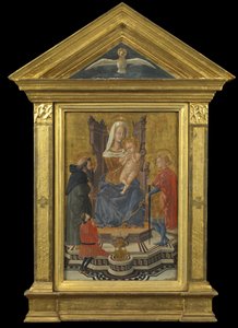 Vergine e Bambino in trono, con i Santi Antonio Abate e Giuliano e un Donatore (timpano sopra - Spirito Santo), c.1430 da Giovanni Di Ser Giovanni Lo Sheggia (attr. to) Guidi