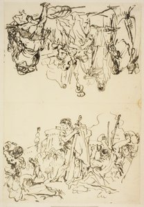 Foglio piegato con "Il martirio di Santo Stefano e Agrippina che sbarca a Brindisi con le ceneri di Germanico" da Giovanni Domenico Tiepolo