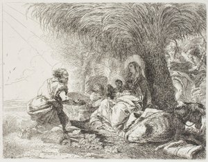 Giuseppe che adora il Bambino mentre due angeli cantano, tavola diciannove da La fuga in Egitto da Giovanni Domenico Tiepolo