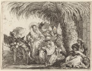 Giuseppe inginocchiato con il bambino davanti a Maria sull