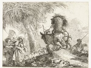 Maria con Bambino sostenuto da un angelo e Giuseppe guida un asino accanto a un pastore con pecore da Giovanni Domenico Tiepolo