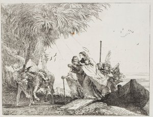 Maria, aiutata da Giuseppe e un angelo, scende dalla barca, tavola diciotto da La fuga in Egitto da Giovanni Domenico Tiepolo