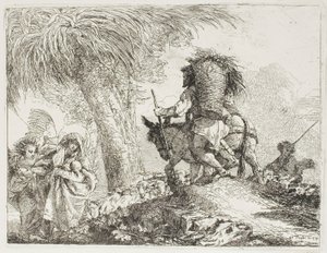Maria, aiutata da un angelo, e Giuseppe che porta il cesto, passando un gregge, tavola 24 da La fuga in Egitto da Giovanni Domenico Tiepolo