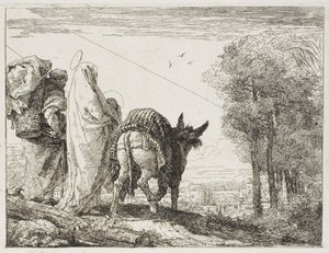 Maria che tiene il Bambino in braccio e Giuseppe con il cesto, tavola dieci da La fuga in Egitto da Giovanni Domenico Tiepolo