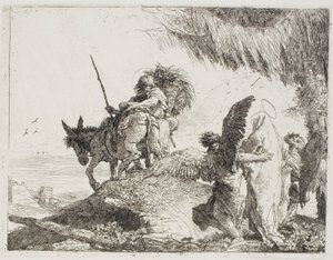 Maria, sostenuta da due angeli, segue Giuseppe, tavola 26 da La fuga in Egitto da Giovanni Domenico Tiepolo