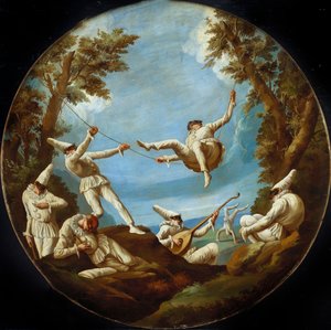 Pulcinella su altalene, che fanno musica e acrobazie in un paesaggio da Giovanni Domenico Tiepolo