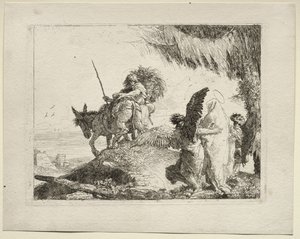 La fuga in Egitto: La fuga con la Madonna a destra sostenuta dagli angeli da Giovanni Domenico Tiepolo