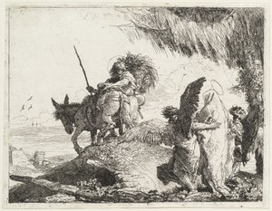 La fuga, con Madonna a destra sostenuta dagli angeli da Giovanni Domenico Tiepolo