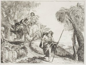 La Sacra Famiglia che scende un sentiero nella foresta, vicino a un gregge e alcuni pastori, tavola 21 da La fuga in Egitto da Giovanni Domenico Tiepolo