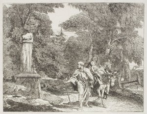 La Sacra Famiglia passa davanti a una statua, la cui testa cade a terra, tavola 22 da La fuga in Egitto da Giovanni Domenico Tiepolo