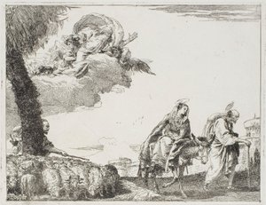 La Sacra Famiglia cammina lungo un muro della città. A sinistra, un pastore con il suo gregge e Dio Padre, tavola otto da La fuga in Egitto da Giovanni Domenico Tiepolo