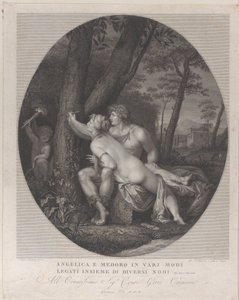 Angelica sdraiata sulle ginocchia di Medoro e scrive i loro nomi su un tronco d