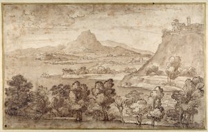 Paesaggio con una città collinare e una montagna più distante da Giovanni Francesco Grimaldi