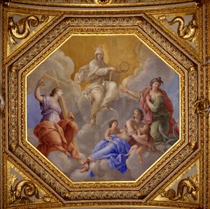 Religione e virtù teologali (Fede, Carità, Speranza). Decorazione del soffitto della Sala Antonina, camera degli appartamenti estivi della regina Anna d