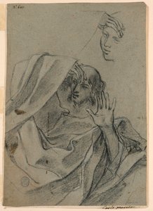 Studi di disegno con volto di donna e uomo sdraiato, e mano destra con avambraccio da Giovanni Francesco Barbieri