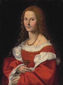 Ritratto di donna come Maria Maddalena, a mezzo busto, con abito rosso e collana di perle