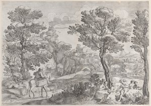 Gruppo di persone che giocano a carte a destra e un uomo a cavallo a sinistra da Giovanni Francesco Grimaldi