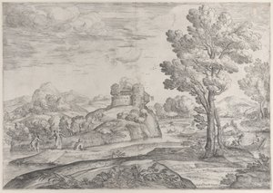 Una casa sopra una roccia rotonda al centro, persone nel fiume e in canoe, 1626-80 da Giovanni Francesco Grimaldi