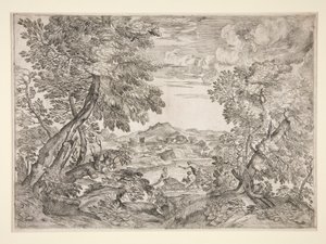 Paesaggio con tre uomini vicino a un fiume da Giovanni Francesco Grimaldi