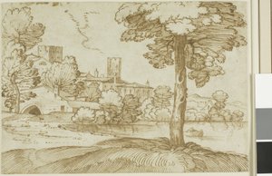 Paesaggio con un grande albero a destra e una vista lontana di una città a sinistra da Giovanni Francesco Grimaldi