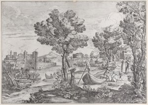 Paesaggio con un uomo che tiene un serpente davanti a un bambino terrorizzato, osservato da una donna alla moda, 1626-80 da Giovanni Francesco Grimaldi