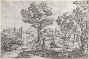 Paesaggio con un uomo che tiene un serpente a un bambino terrorizzato, osservato da una moda..., 1626-80 da Giovanni Francesco Grimaldi