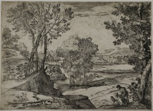 Donna, suo figlio e un uomo in piedi in un paesaggio da Giovanni Francesco Grimaldi