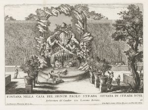Fontana con uno stemma papale, due tritoni e delfini (serie Fontane nei palazzi e nei giardini di Roma) da Giovanni Francesco Venturini