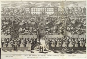 Veduta del Palazzo dal Piano del Giardino con le sue Fontane, da La Fontane, pub. c 1691 da Giovanni Francesco Venturini