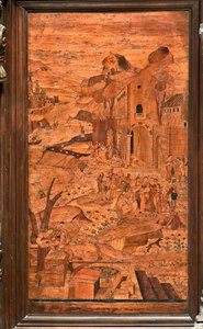 Genova, Duomo (Cattedrale di San Lorenzo), interno, abside, coro, lato nord: "Mosè salvato dalle acque", intarsio in legno di Giovanni Francesco Zambelli (XVI secolo) da Giovanni Francesco Zambelli