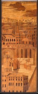 Genova, Duomo (Cattedrale di San Lorenzo), interno, abside, coro, lato nord: "San Siro scaccia il basilisco", intarsio in legno di Anselmo De