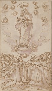 Madonna col Bambino su una luna crescente appare a un gruppo di santi, sacerdoti e laici