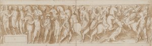 Marco Aurelio riceve un rapporto sulla cattura delle donne (LXXXVI); Marco Aurelio arriva da una marcia (LXXXVII); un capo germanico viene portato via (LXXXVIII); gli ultimi uomini del capo cadono (da un ponte che Guerra non ha riprodotto) (LXXXIX) da Giovanni Guerra