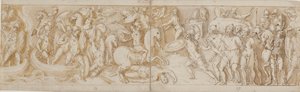 Soldati romani che attraversano un fiume in barche (in gran parte restaurato; XXXIV)2; un soldato romano combattente (dalla fine di XXIV); guardie romane che portano prigionieri barbari davanti all