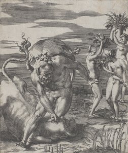 Ercole che sconfigge il dio del fiume Acheloo in forma di toro, con tre donne