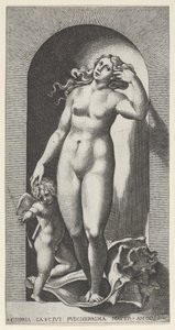 Venere in una nicchia, in piedi su una conchiglia, con Cupido alla sua destra, da una serie, 1526 da Giovanni Jacopo Caraglio