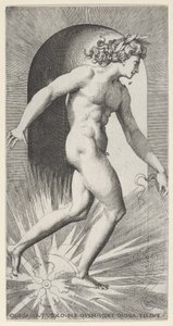 Apollo che guida il suo carro in una nicchia, rivolto a destra, da una serie di mitologia da Giovanni Jacopo Caraglio