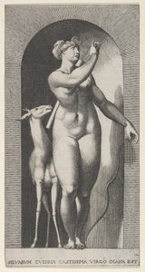 Piastra 12: Diana in piedi in una nicchia, girandosi a sinistra e tirando una freccia da Giovanni Jacopo Caraglio