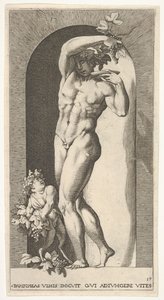 Piatto 17: Bacco in piedi in una nicchia, che tiene uva sopra un piatto, accompagnato da un infante da Giovanni Jacopo Caraglio
