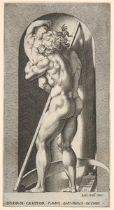 Saturno in una nicchia che divora suo figlio, davanti a una falce, da una serie di...