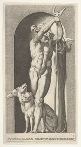 Tavola 7: Plutone in una nicchia, con un bidente, con Cerbero accanto a lui, da una serie di..., 1526 da Giovanni Jacopo Caraglio