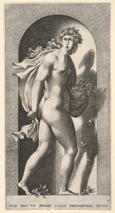 Tavola 8: Proserpina, in piedi in una nicchia, girata a destra mentre tiene il mantello in bo..., 1526 da Giovanni Jacopo Caraglio