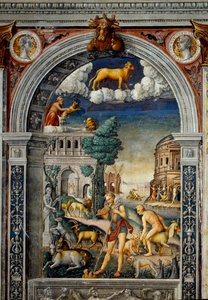 Segno dello zodiaco: “Il toro” Medaglioni in alto con ritratti di Tiberio e Caligola. Sotto, leggenda associata alla nascita della costellazione corrispondente al segno: il dio Pan che suona il flauto. A sinistra, una capra depone un piccolo. B da Giovanni Maria Falconetto